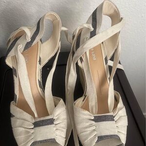 Elegant Beige and Black Striped Espadrille Wedges
